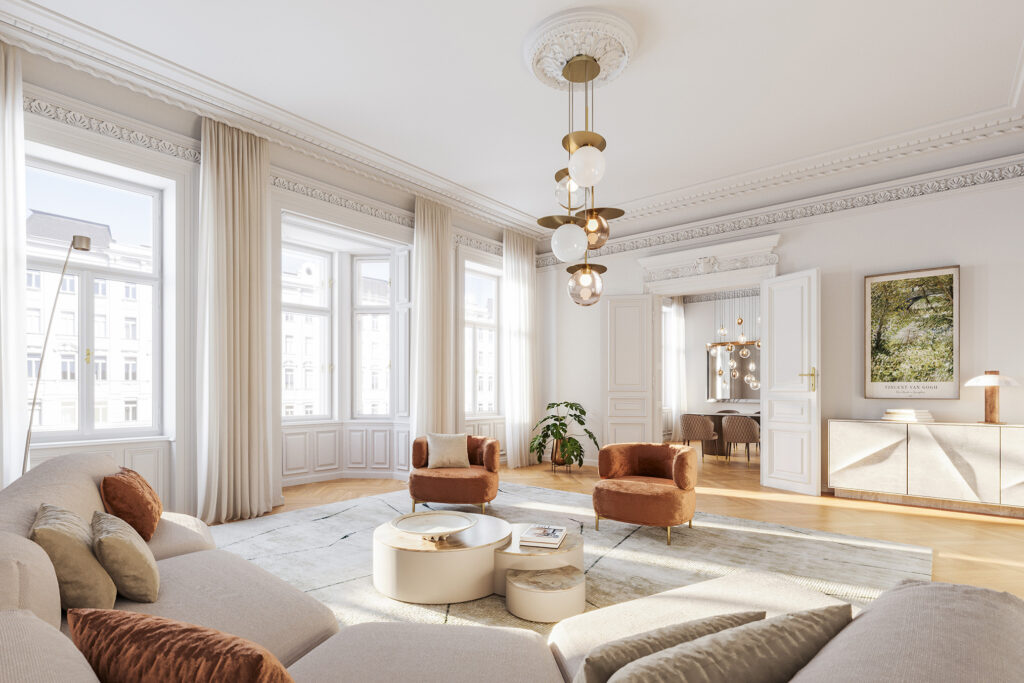 Beispielhaftes Einrichtungsrendering - Wohnzimmer